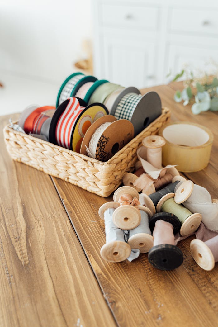 A collection of ribbons and sewing materials in a basket on a wooden table for craft projects.